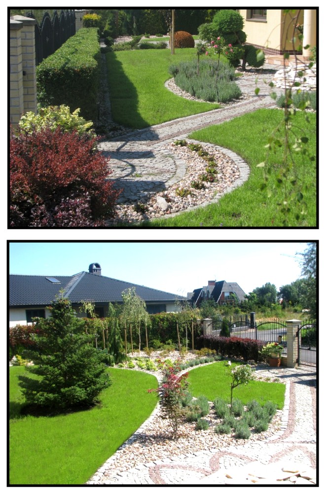 Dwa ujęcia tego samego ogrodu: zadbany trawnik, ścieżka z kamienia i żwiru, ozdobne krzewy i drzewa, żywopłot, dom w tle.